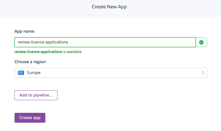 Heroku screen showing area for creating new app