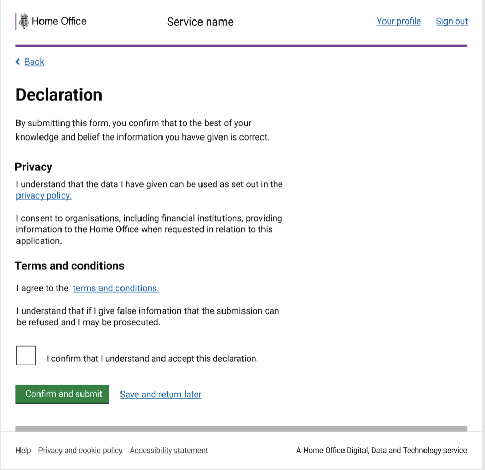 An example of how declarations are used in Home Office services