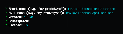 Terminal screen with questions to set up prototype